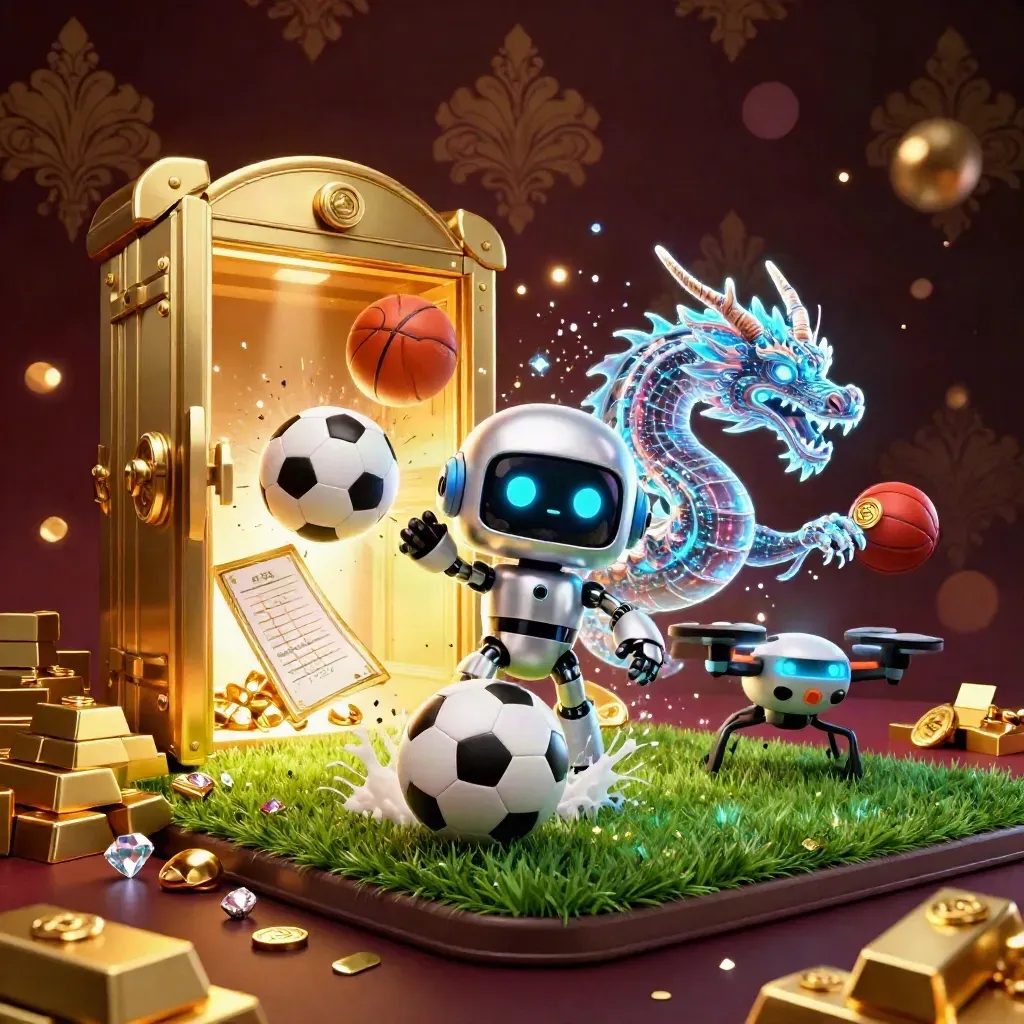 Robot mascot, holographic dragon, drone, vault burst, soccer ball, gold, casino luxe, dark damask background