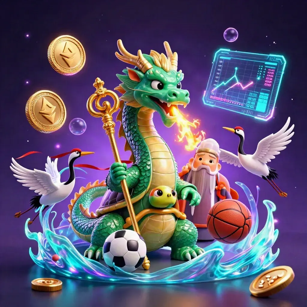 Emerald dragon, turtle sage, and cranes amid casino sports energy, coins, and glowing lights.