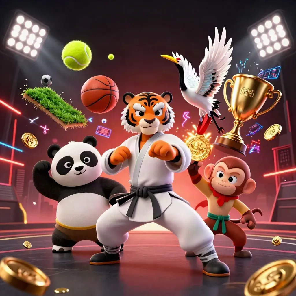 Kung-fu tiger, panda and monkey amid flying sports balls, gold coins and neon casino light.