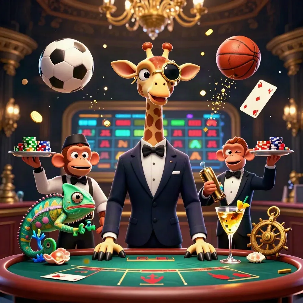 Low-angle casino key art with giraffe, monkey, chameleon, flying sports props and gold light.