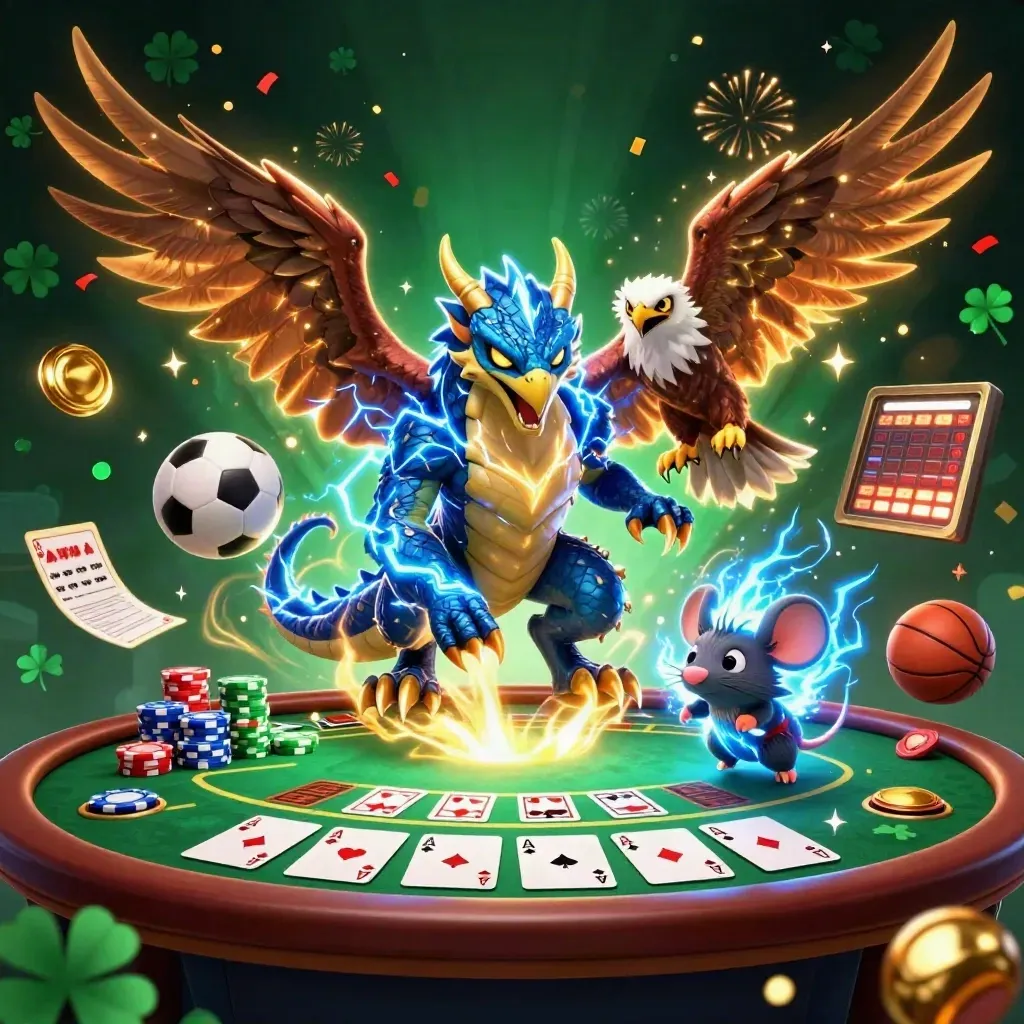 Thunder dragon, wind hawk, and static mouse above casino chips, cards, and sports balls in a luxe emerald glow.