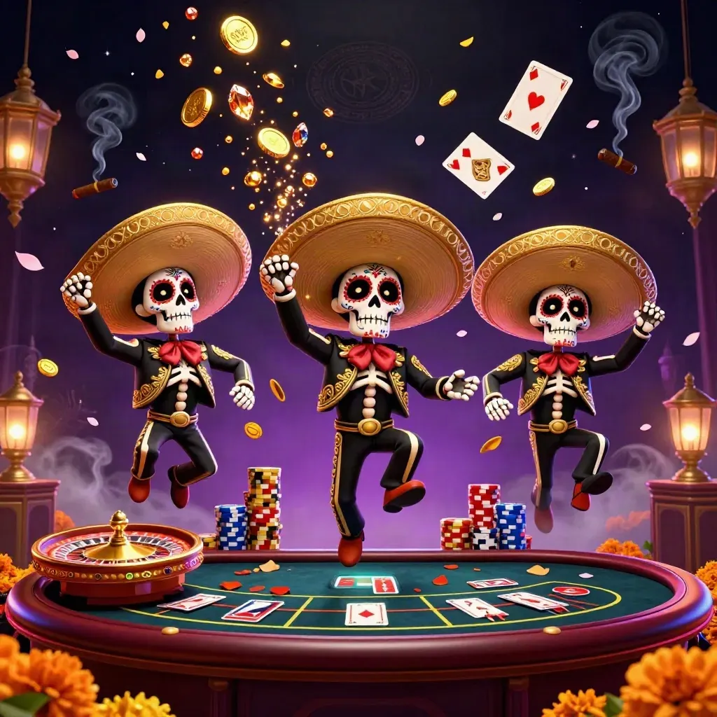 Day-of-the-Dead mariachi skeleton trio amid casino glow, coins, roulette wheel, and starfield.
