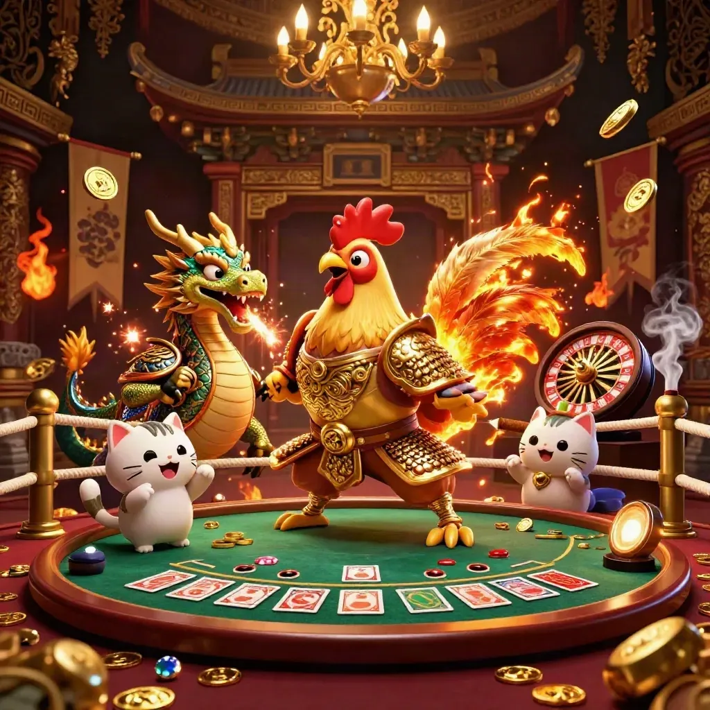 Rooster samurai, dragon hatchling, and fortune-cat in a luxe casino ring with sparks and coins