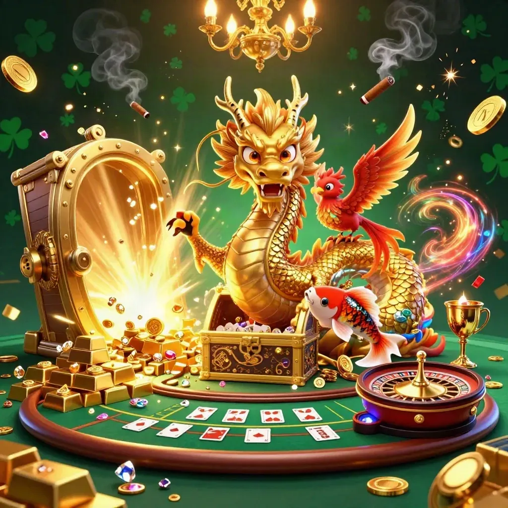 Golden dragon, phoenix and koi amid casino treasure, roulette and glowing vault light
