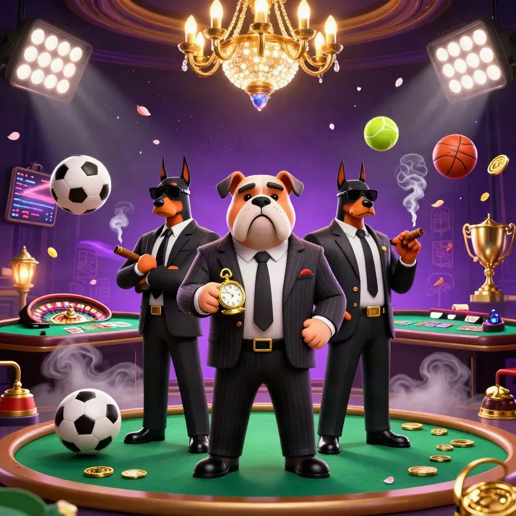 Bulldog mafia boss with Doberman guards amid casino lights, balls, trophy, and mystical effects.