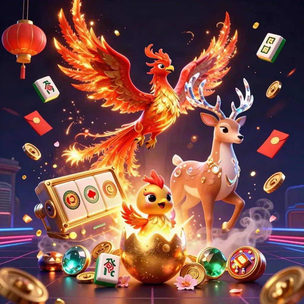 Phoenix, hatching chick, and crystalline stag amid casino treasure bursts on a neon dark backdrop
