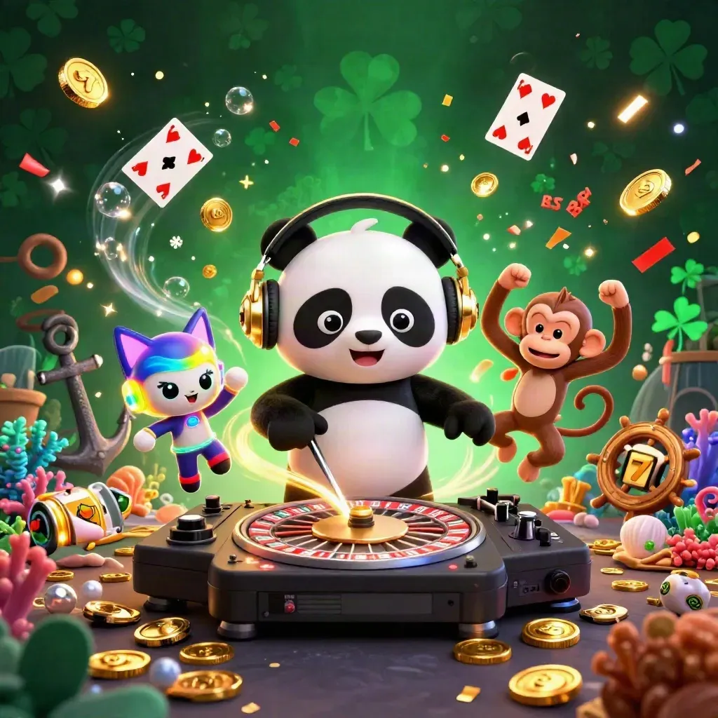 DJ panda, monkey, and kitten rave in a treasure cove with coins, coral, and casino glow