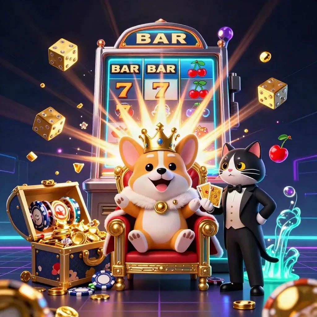 Royal corgi and cat butler amid exploding slot machine, gold, gems, and cyan glow