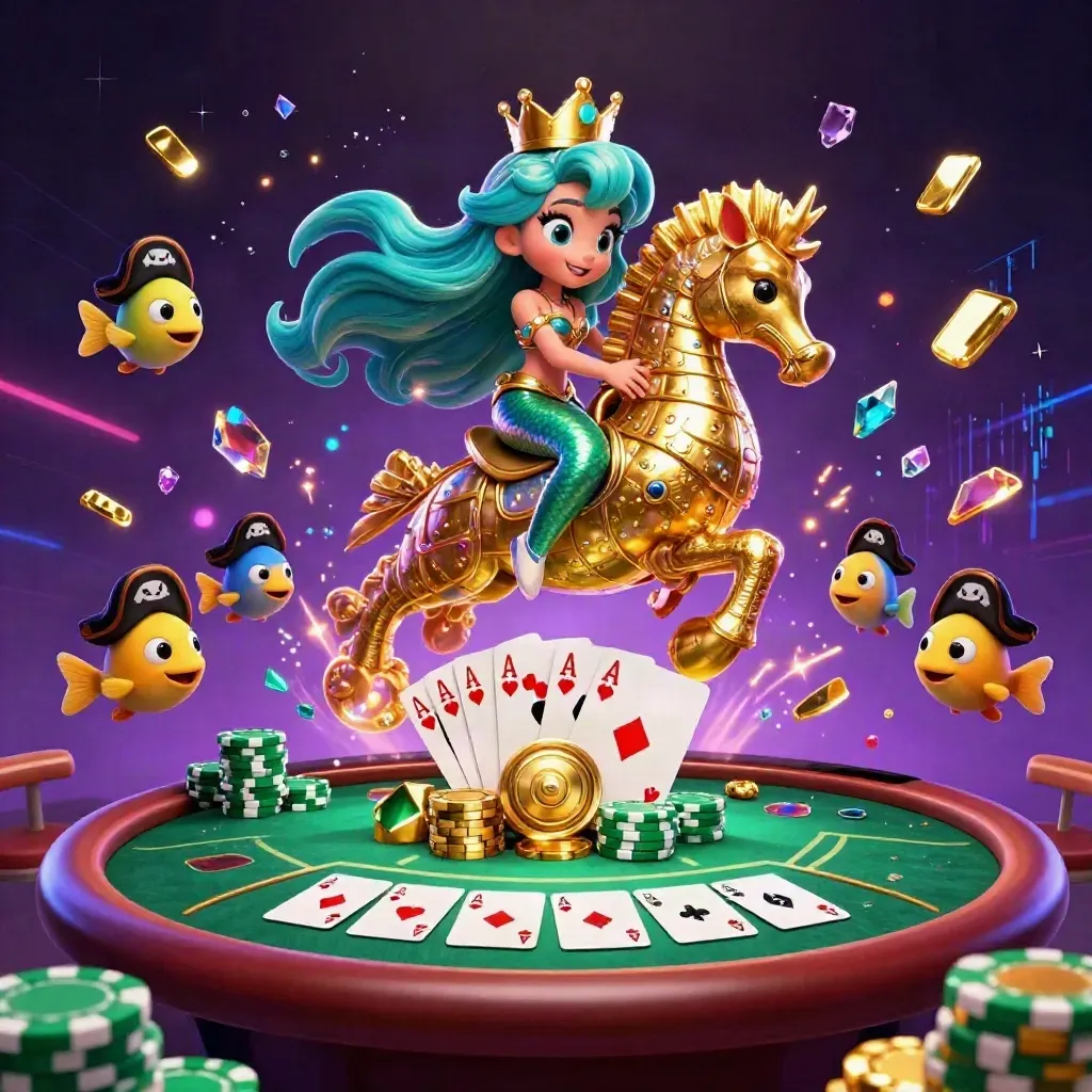 Mermaid princess on armored seahorse amid chips, aces, neon magic, treasure, and pirate fish.