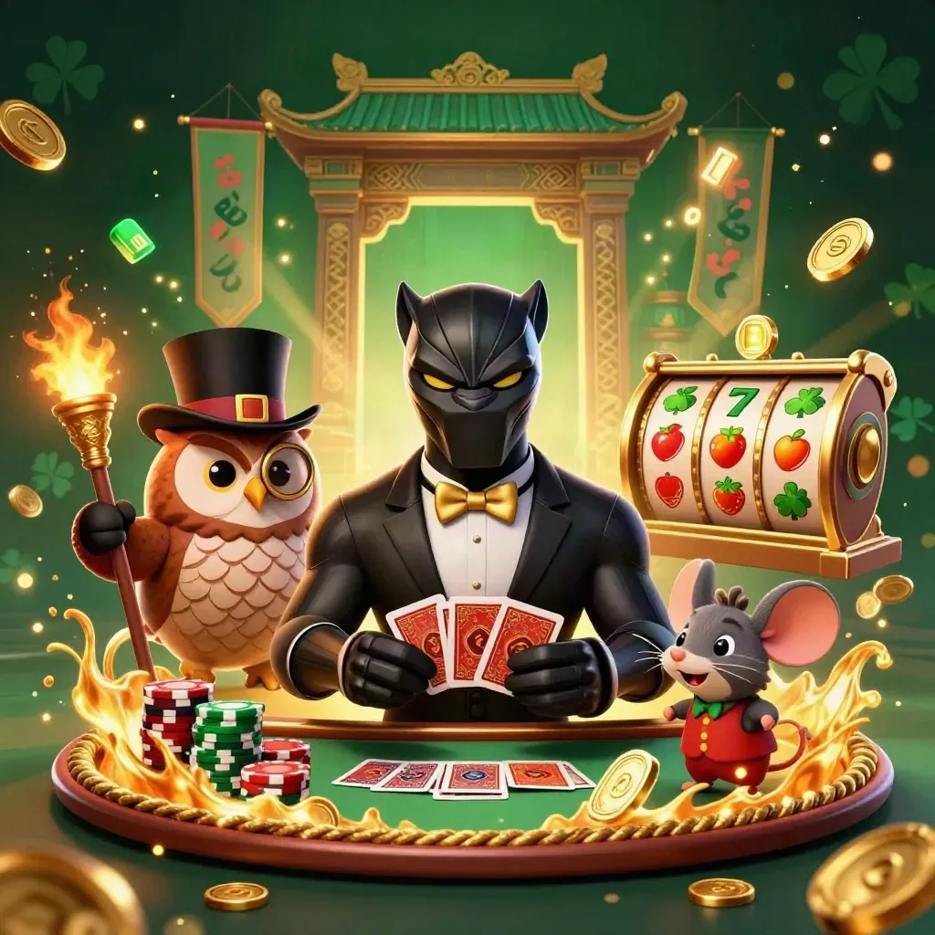 Panther, owl, and mouse casino heroes amid gold coins, reels, and temple-gate glow.