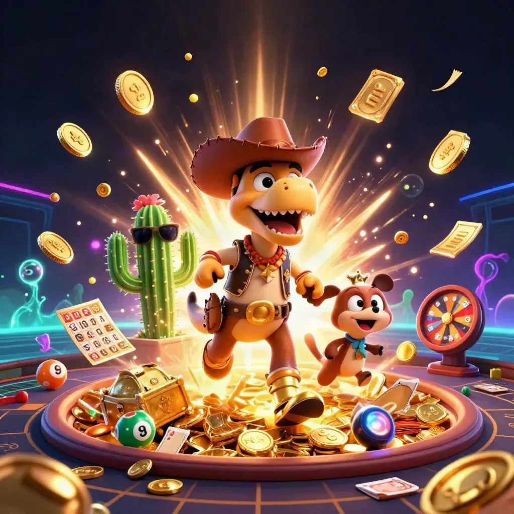 Cowboy T-Rex, cactus sidekick, and roadrunner amid casino treasure, coins, wheels, and neon glow.