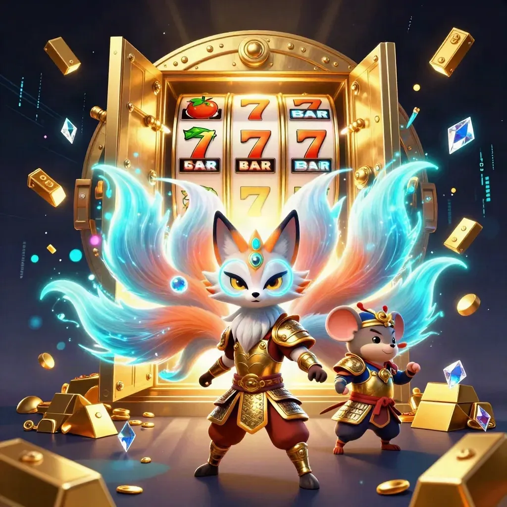 Nine-tailed neon fox spirit and golden mouse amid vault gold, gems, and casino effects.