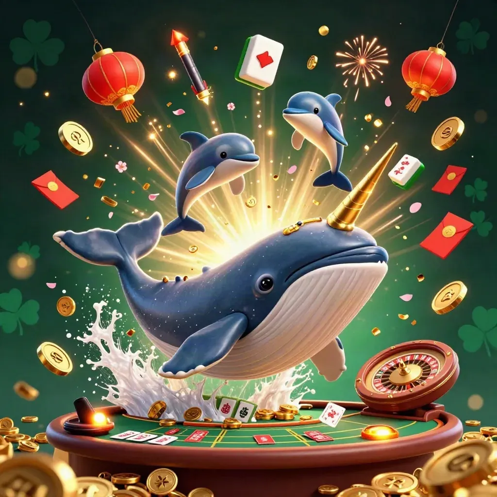 Captain whale, narwhal, and dolphins burst through coins, fireworks, and casino treasures.