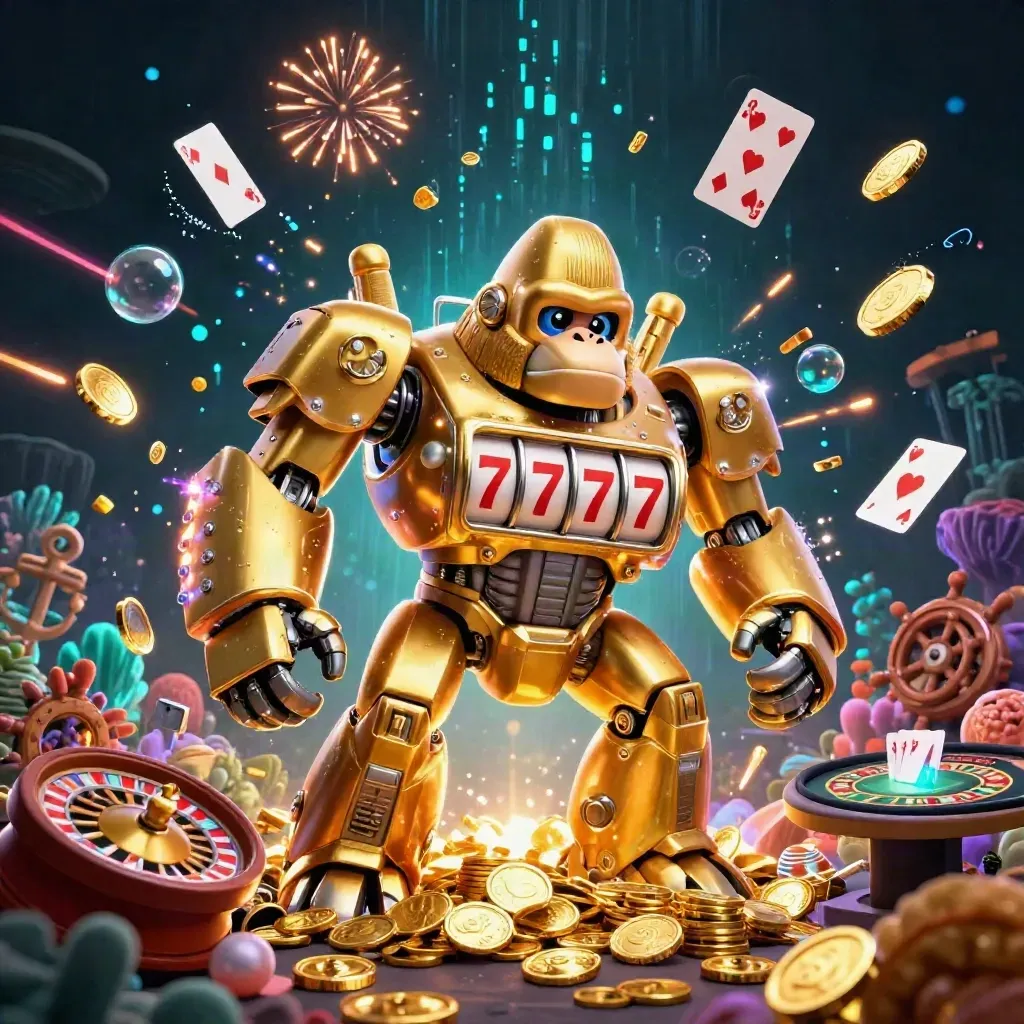 Golden gorilla slot mech with monkey pilot amid treasure, coins, cards, and neon casino effects