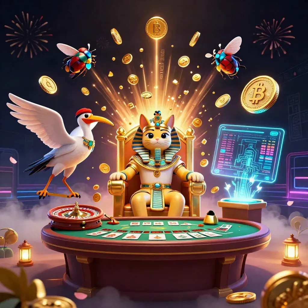 Pharaoh cat throne, ibis scribe, gem-wing scarabs amid casino treasure and neon crypto effects.