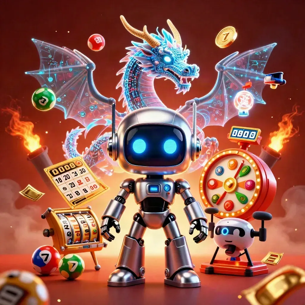 Chrome robot, holographic dragon, and coin drone amid casino bursts, embers, and glowing reels