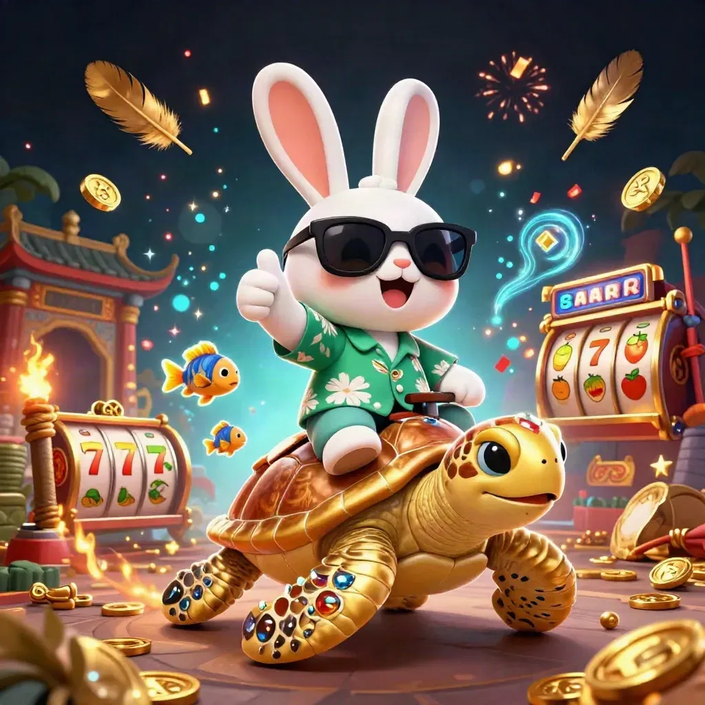 Lucky rabbit rides a gold turtle amid casino symbols, fireworks, and glowing oceanic magic.