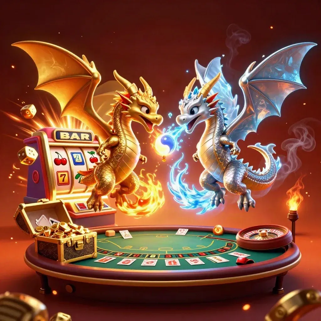 Gold and silver dragons spiral amid casino riches, slots, dice, roulette, and glowing treasure.