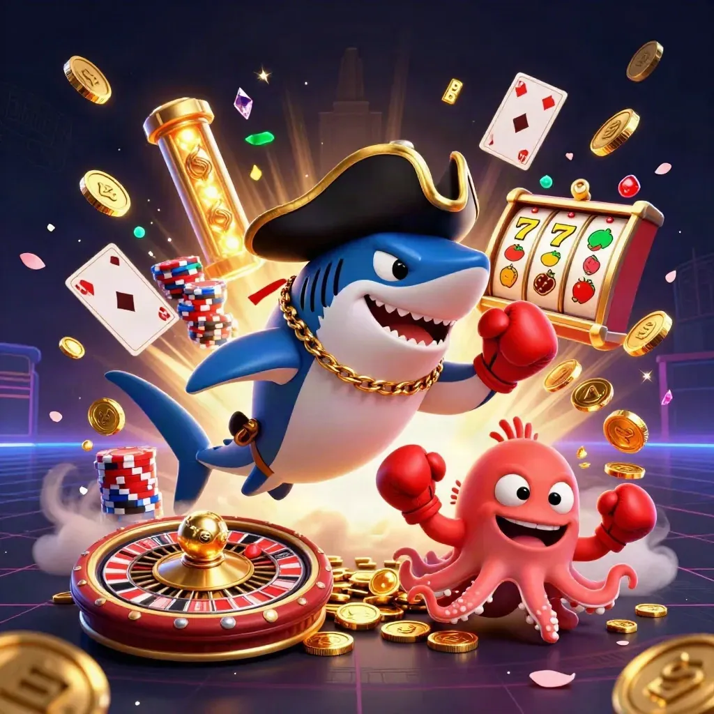 Pirate shark, boxing pufferfish, and coin-juggling octopus amid gold casino effects.