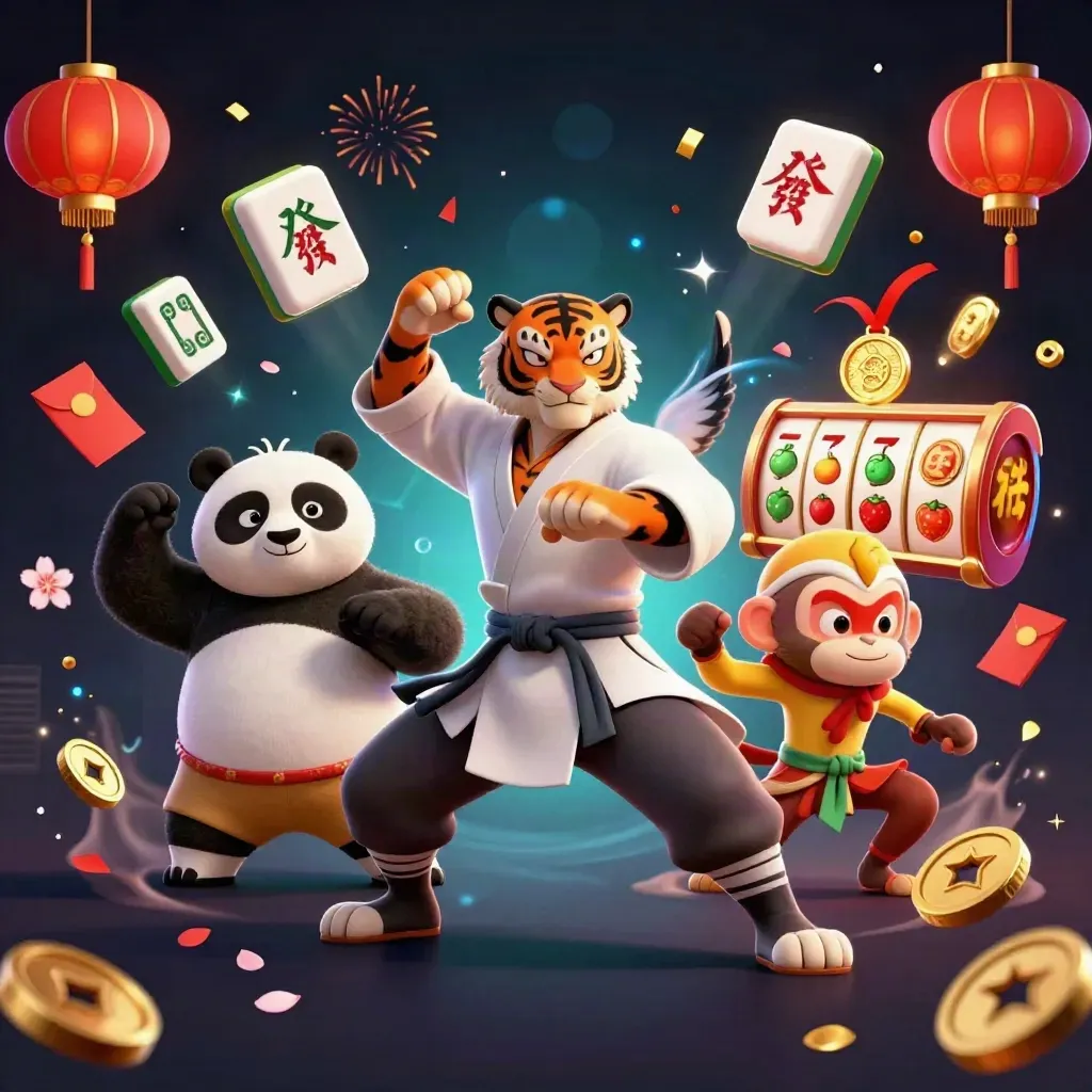 Tiger, panda, and monkey casino heroes amid gold coins, lanterns, and fireworks.