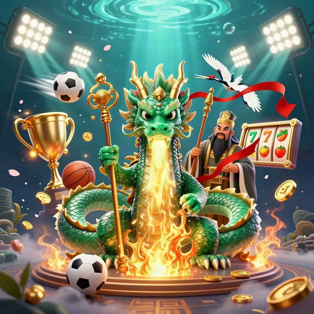 Emerald dragon, turtle sage, and cranes amid casino rewards in a glowing underwater key art scene