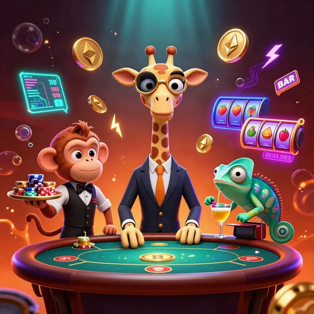 Giraffe, monkey valet, and chameleon bartender in a neon casino scene with coins and glowing effects.