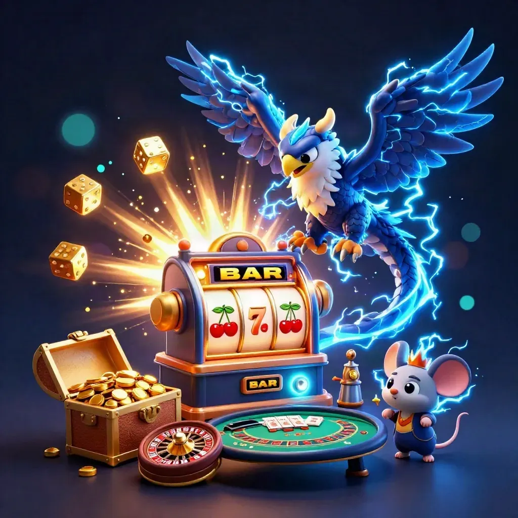 Thunder dragon, hawk and mouse amid jackpot slots, gold, dice, cards and glowing casino lights