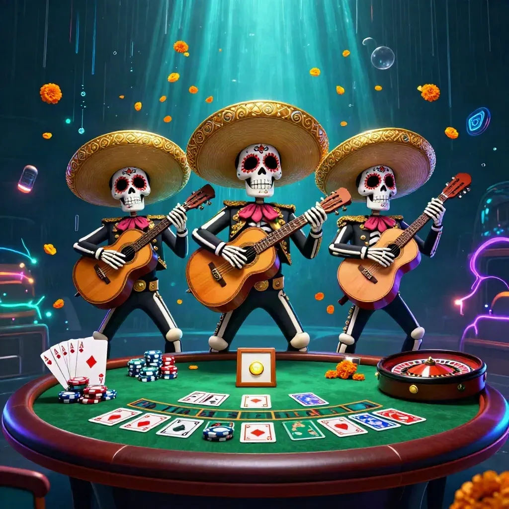 Skeleton mariachi trio with casino chips, cards, roulette wheel, and glowing gold accents.