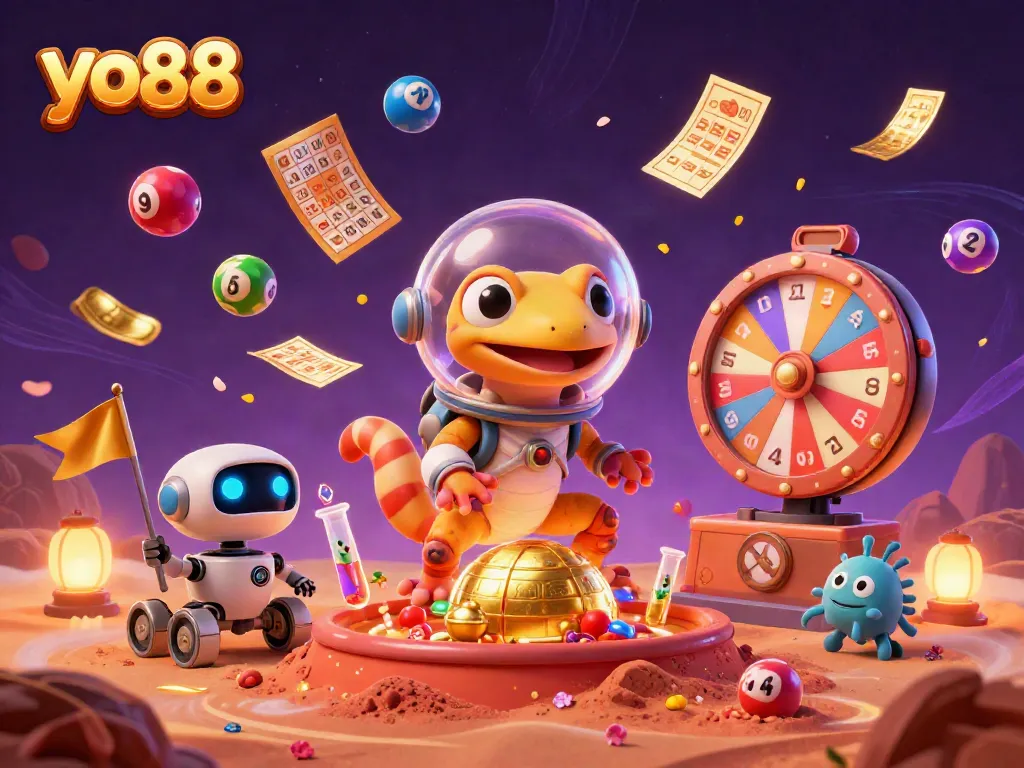 Experience the excitement of yo88 with a Martian gecko exploring a vibrant casino scene.
