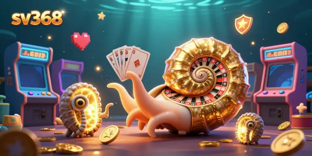 Engage in thrilling casino games at sv368 with a vibrant, animated underwater scene featuring a giant nautilus roulette wheel.
