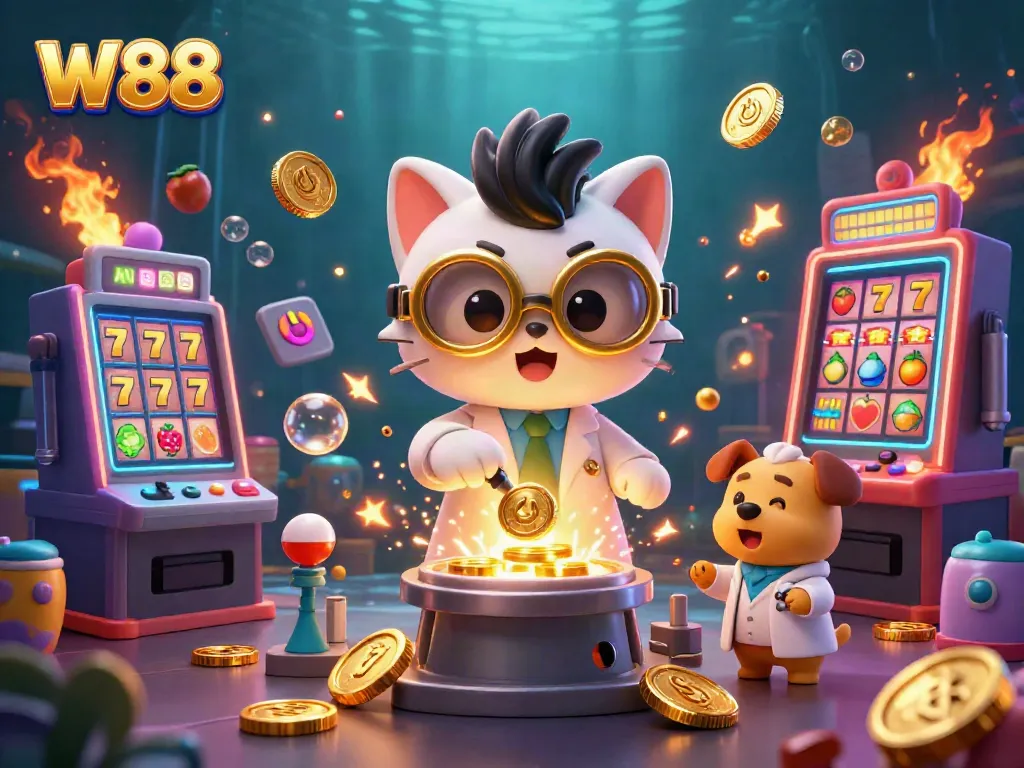 Experience thrilling slots at W88, where golden coins and vibrant jackpots come to life in a captivating 3D scene.