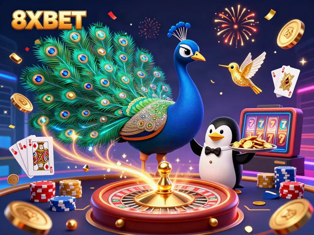 Engage with 8XBET in this colorful scene featuring a peacock and penguin surrounded by casino elements.