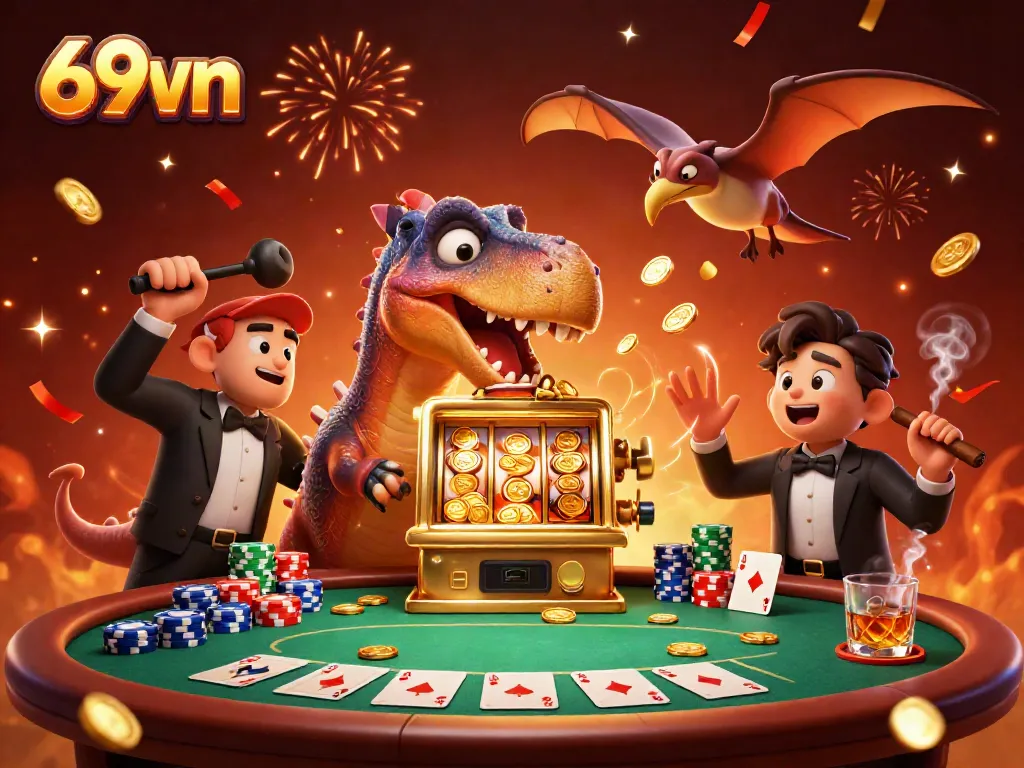 Experience the thrill of 69vn casino gaming with vibrant 3D characters celebrating jackpot wins.