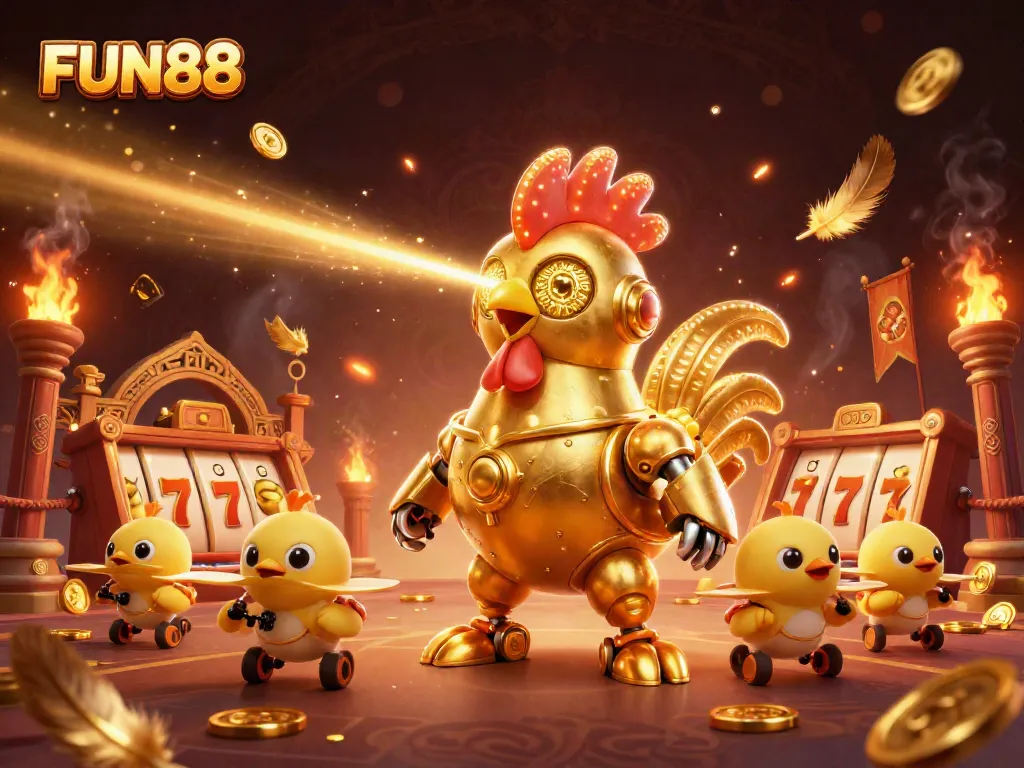 Engage in thrilling FUN88 games with a dynamic golden rooster robot and baby chick drones amidst casino excitement.