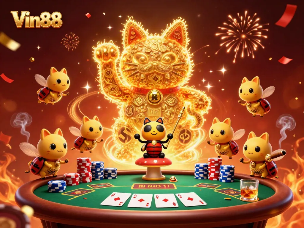 Experience Vin88's enchanting gaming world with a vibrant lucky cat and casino-themed scene.
