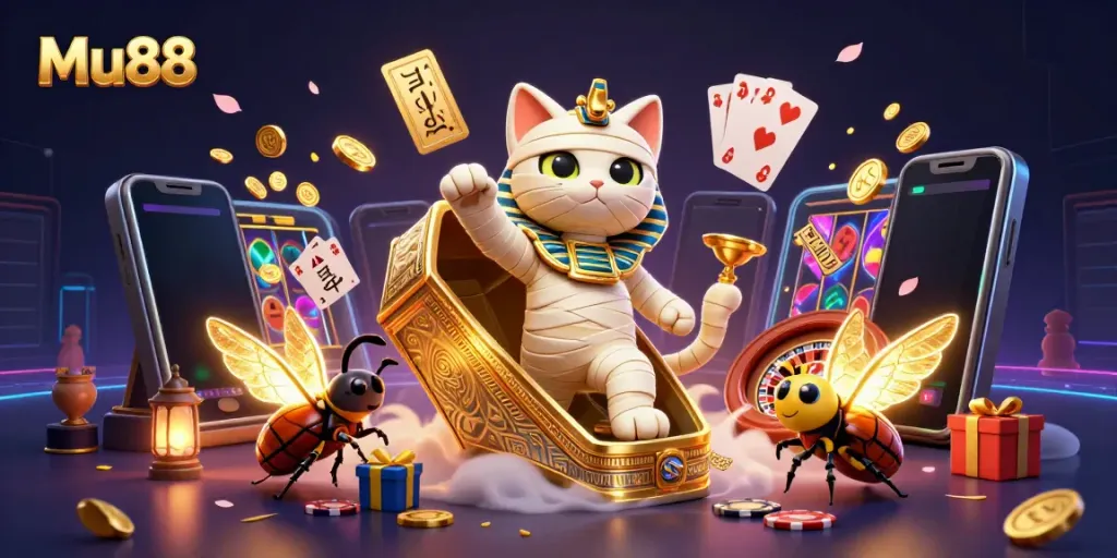 Spin the reels with Mu88's exciting slots featuring vibrant Egyptian-themed characters.