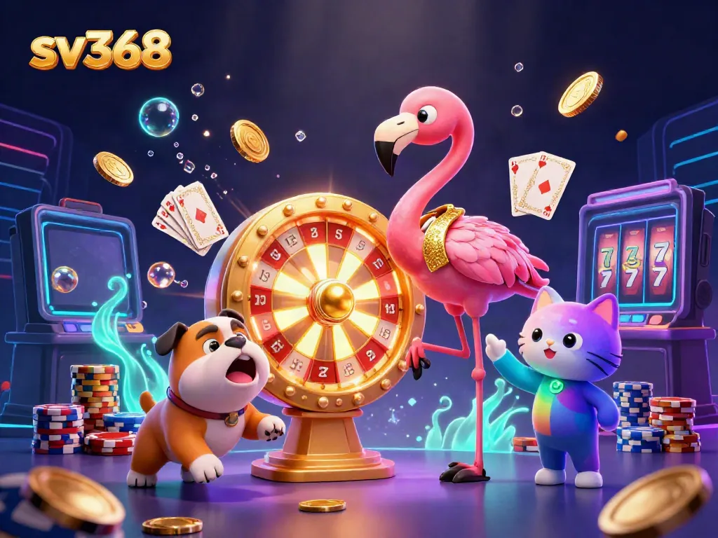Exciting scene at sv368 casino with a flamingo host, bulldog contestant, and cat assistant amidst sparkling prizes.