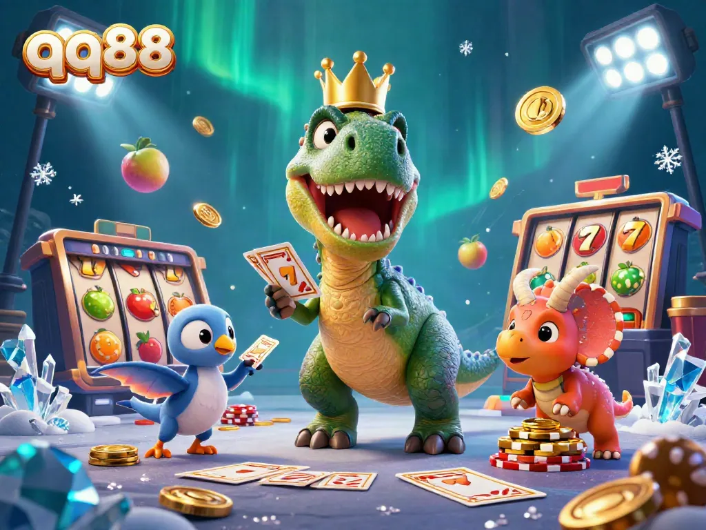 Experience thrilling casino action with qq88 in this dynamic 3D illustration of characters shuffling cards.