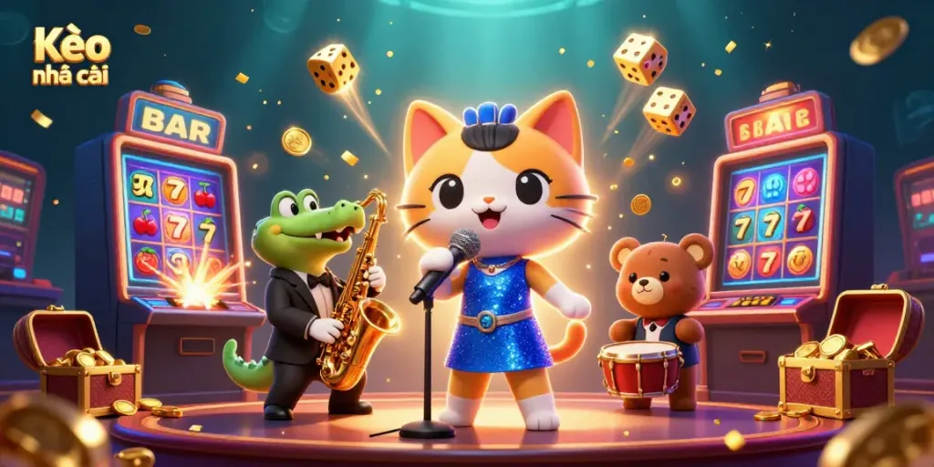 Experience Kèo nhà cái excitement with vibrant 3D illustration featuring lively casino characters and games.