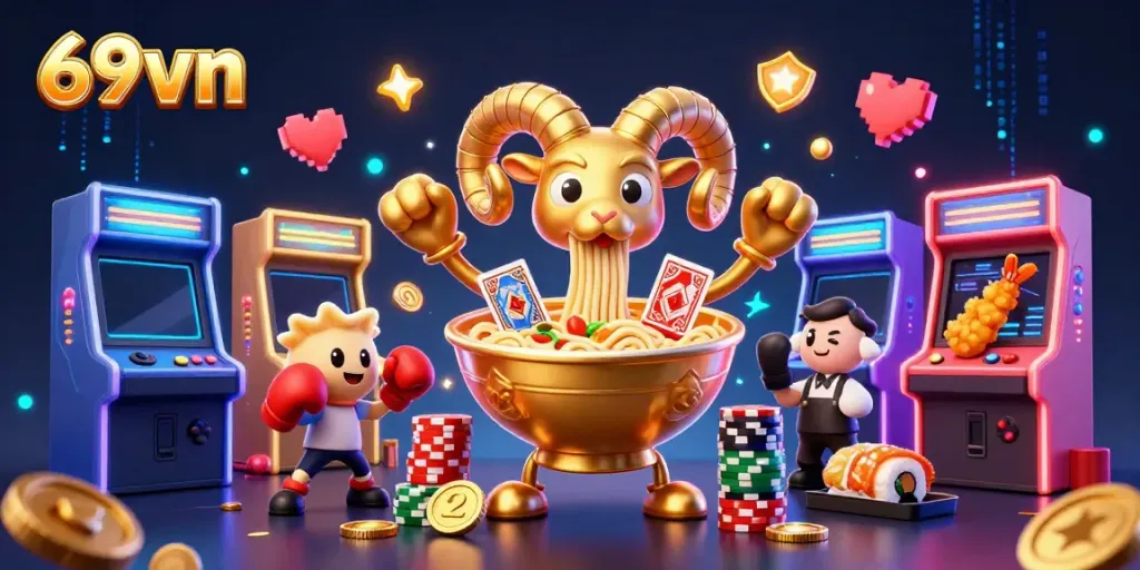 Win big with the colorful 69vn gaming scene featuring vibrant characters and casino elements.
