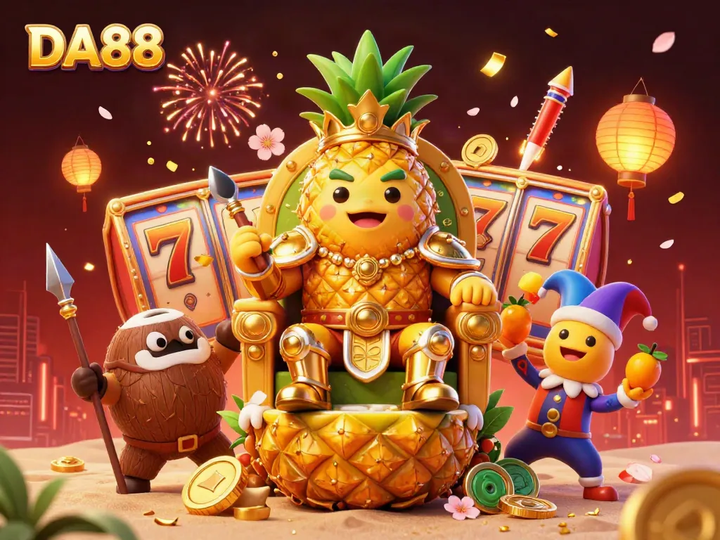 Experience the thrill of DA88 with an ultra-rich casino illustration featuring a golden pineapple king among vibrant game elements.