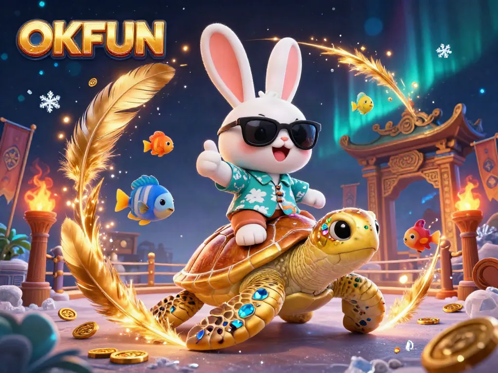 Engage with OKFUN's vibrant 3D cartoon scene featuring a lucky rabbit and turtle in a casino setting.
