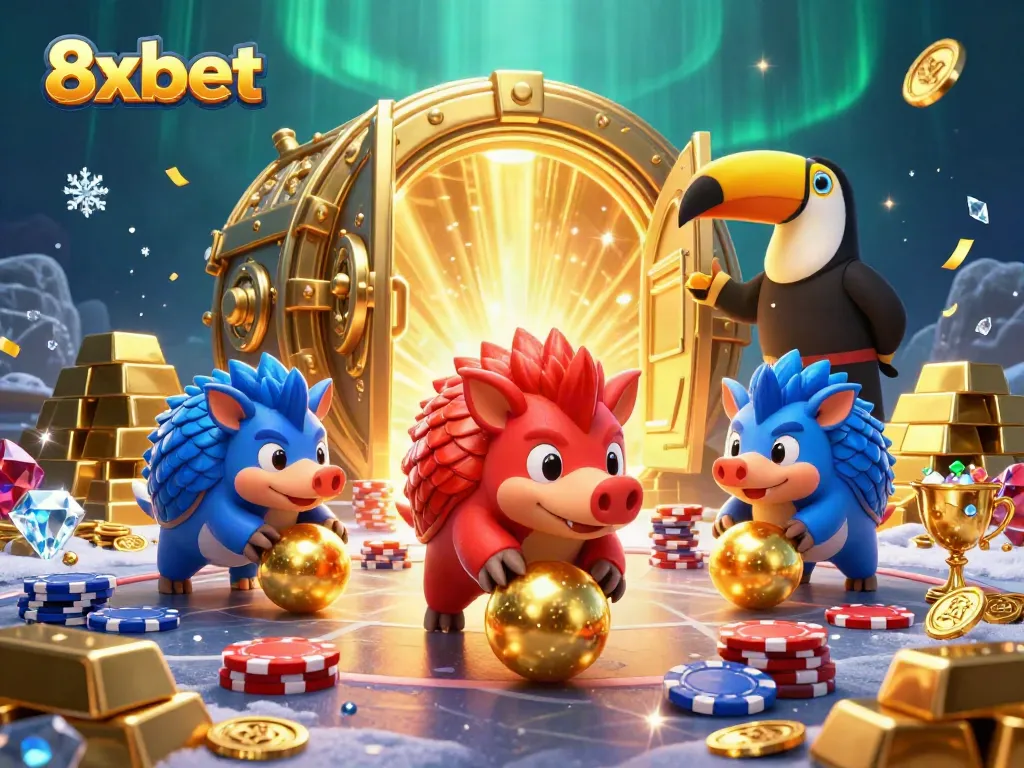 Engage with 8xbet's dynamic gaming experience featuring lively pangolins amidst poker chips.