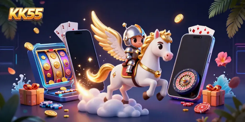Engaging KK55 casino scene showcasing a celestial horse and knight amidst dynamic gaming elements.