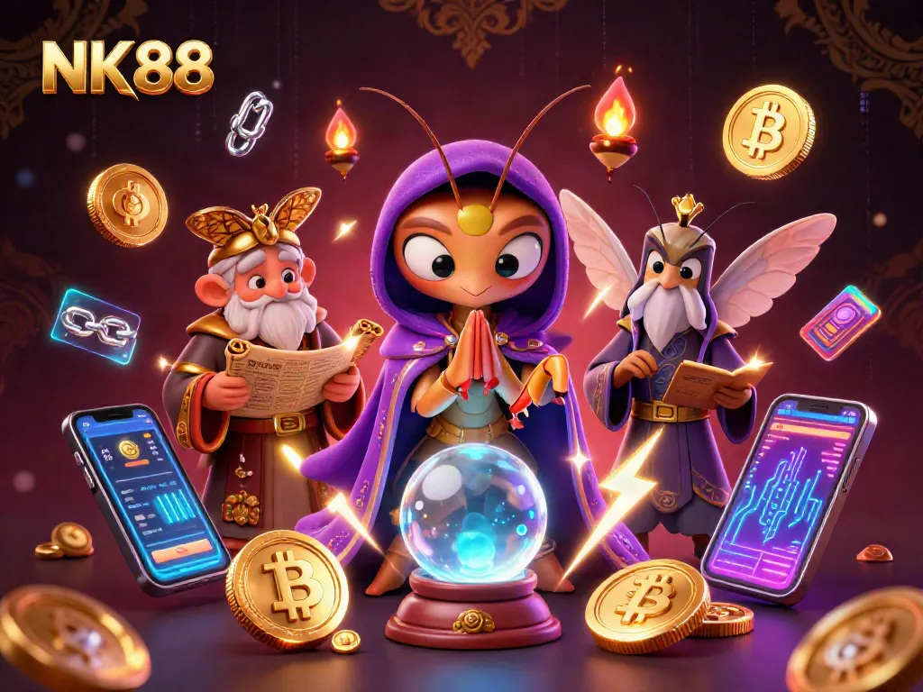 Win big at NK88 with a mystical fortune teller and vibrant casino elements.