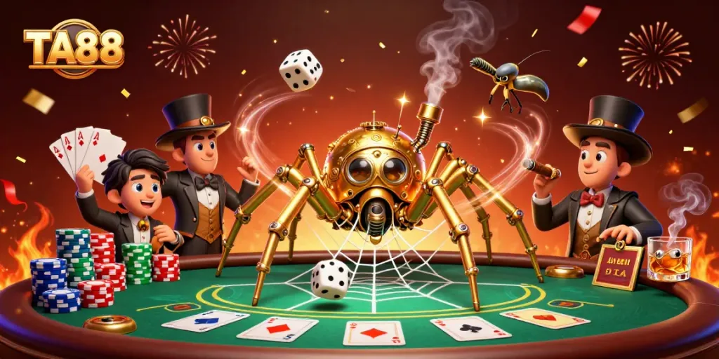 TA88 showcases a vibrant casino scene with a golden spider and amused fly among poker elements.