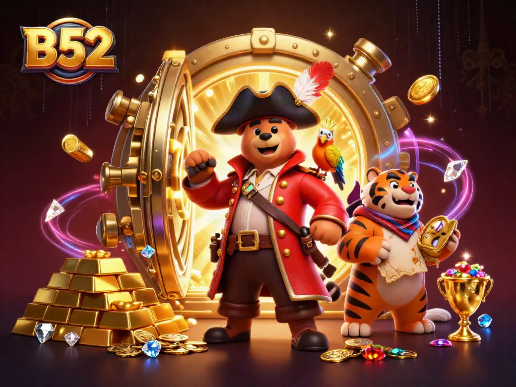 Join the B52 gaming adventure with a pirate captain bear leading a treasure-packed scene.