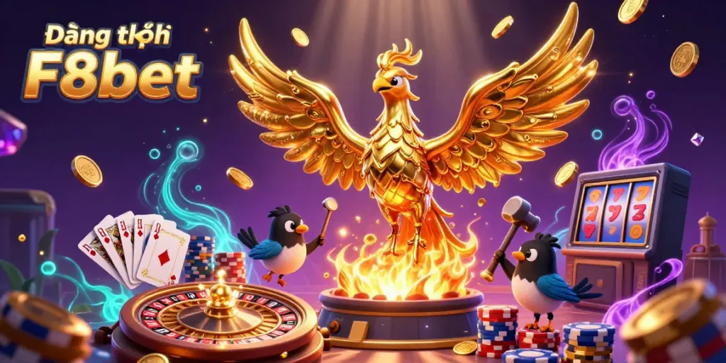Exciting illustration for Đăng ký F8bet featuring a golden phoenix and casino elements.