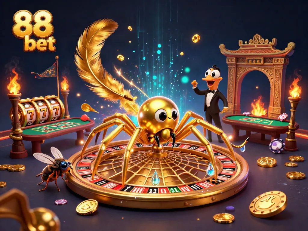 88 bet illustration featuring a golden spider spinning a roulette wheel while betting.