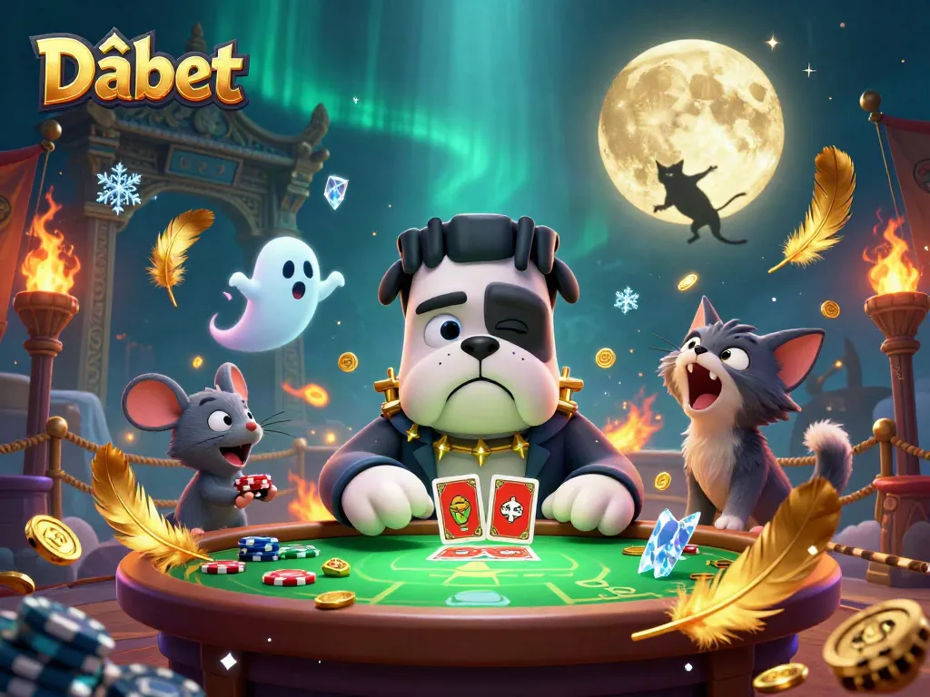 Dabet offers thrilling betting action with the Frankenstein bulldog dealing cards in a spooky casino atmosphere.